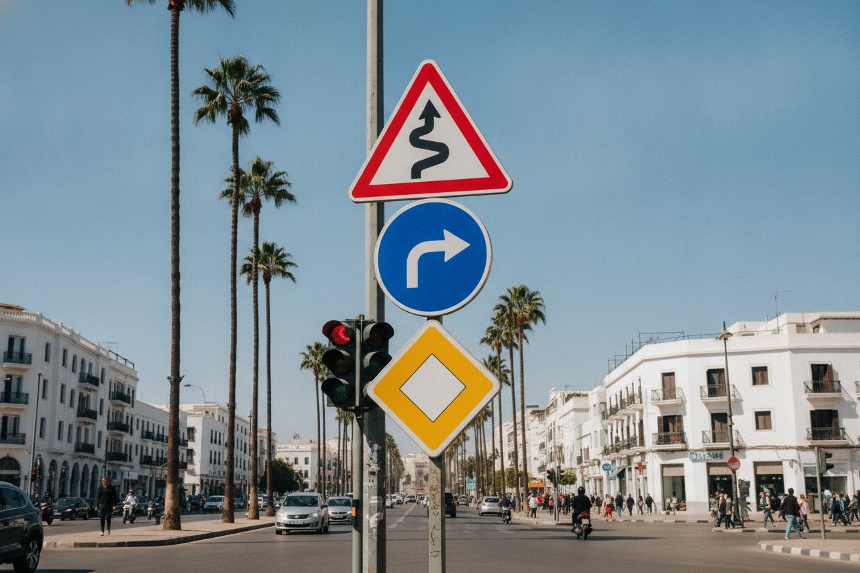 Panneaux de signalisation à un carrefour d'une avenue marocaine