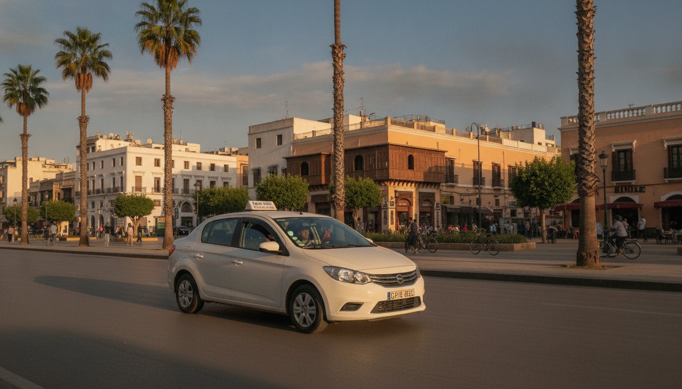Une voiture d'auto-école sur un boulevard marocain bordé de palmiers