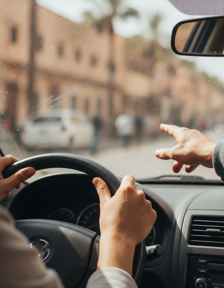 Les mains d'un élève sur le volant, le moniteur indique la route